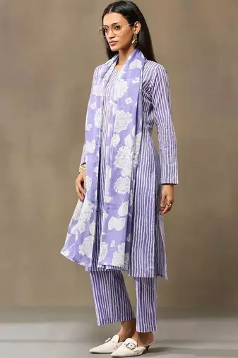 Lavender Women Striped Regular Pure Cotton Kurta with Trousers & With Dupatta