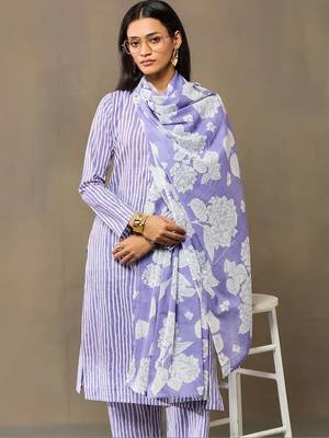 Lavender Women Striped Regular Pure Cotton Kurta with Trousers & With Dupatta 5