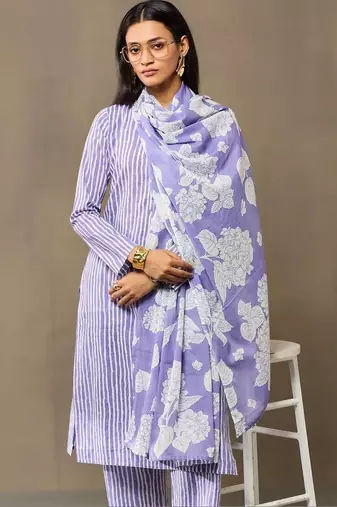 Lavender Women Striped Regular Pure Cotton Kurta with Trousers & With Dupatta