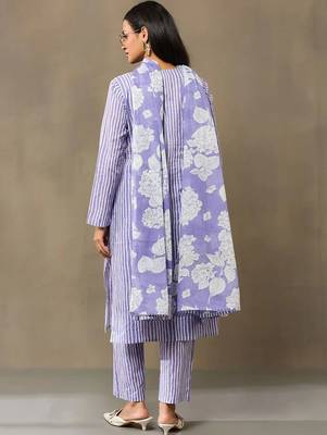 Lavender Women Striped Regular Pure Cotton Kurta with Trousers & With Dupatta 6