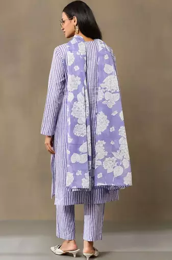 Lavender Women Striped Regular Pure Cotton Kurta with Trousers & With Dupatta