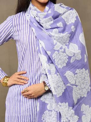 Lavender Women Striped Regular Pure Cotton Kurta with Trousers & With Dupatta 7