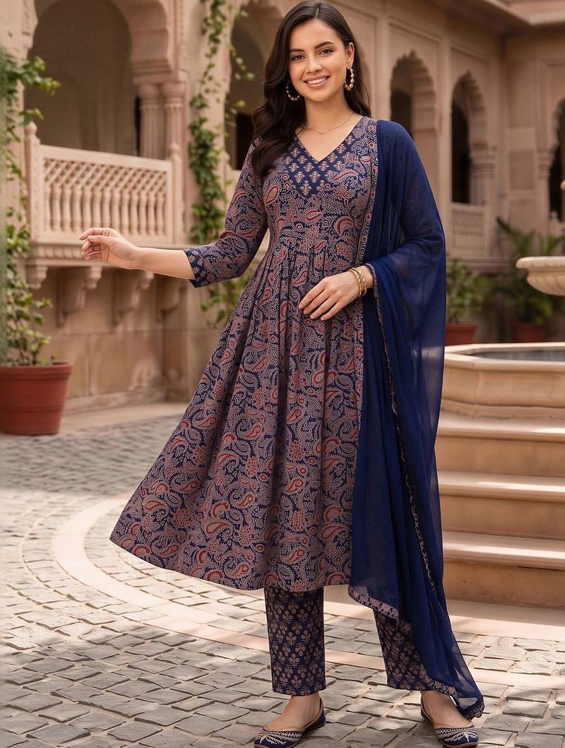 women ethnic motifs printed pleated cotton kurta with trousers & with dupatta