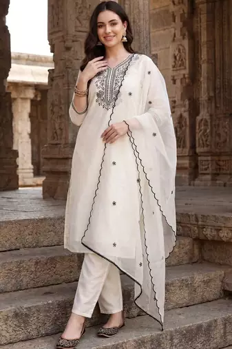 women ethnic regular thread work kurta with trousers with dupatta