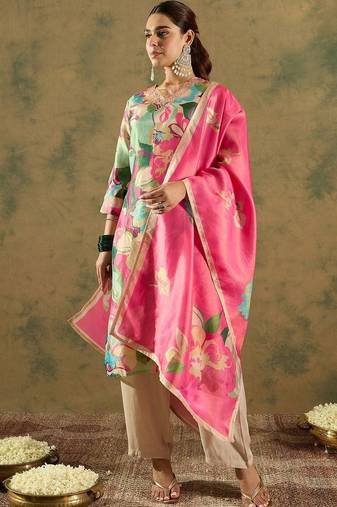 women floral printed regular thread work kurta with palazzos & with dupatta