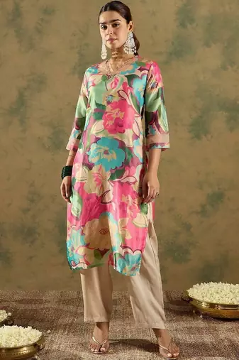 women floral printed regular thread work kurta with palazzos & with dupatta