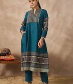 women ethnic motifs printed regular cotton kurta with trousers