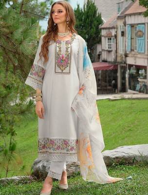 women ethnic motifs embroidered regular thread work liva kurta with trousers & with dupatta 1