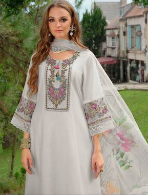 women ethnic motifs embroidered regular thread work liva kurta with trousers & with dupatta 2