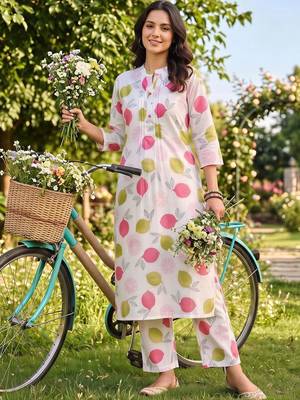 women printed regular cotton kurta with trousers 1