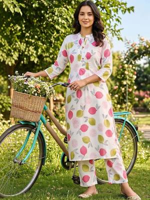 women printed regular cotton kurta with trousers 5