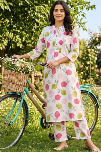 women printed regular cotton kurta with trousers