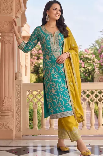 women ethnic motifs embroidered regular thread work kurta with trousers & with dupatta