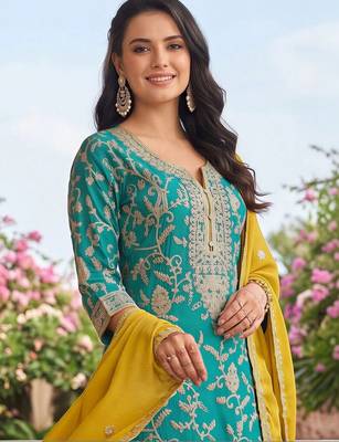 women ethnic motifs embroidered regular thread work kurta with trousers & with dupatta 2
