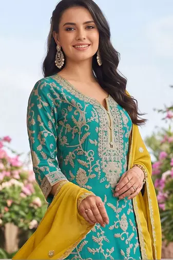 women ethnic motifs embroidered regular thread work kurta with trousers & with dupatta