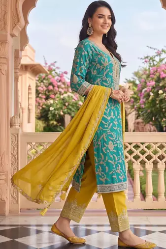 women ethnic motifs embroidered regular thread work kurta with trousers & with dupatta