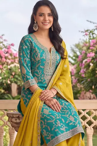 women ethnic motifs embroidered regular thread work kurta with trousers & with dupatta