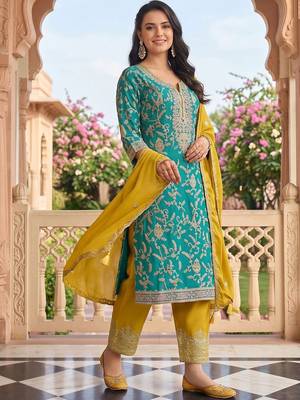 women ethnic motifs embroidered regular thread work kurta with trousers & with dupatta 6