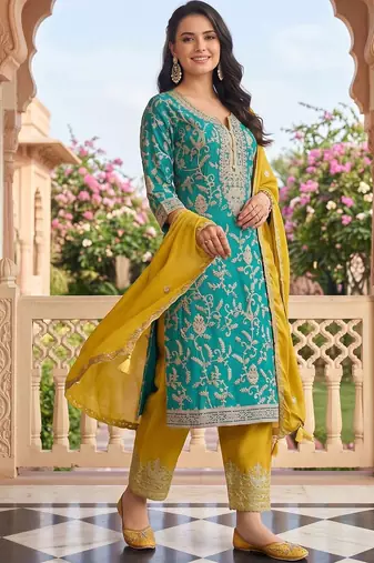 women ethnic motifs embroidered regular thread work kurta with trousers & with dupatta