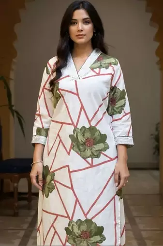 women floral printed regular cotton kurta with trousers