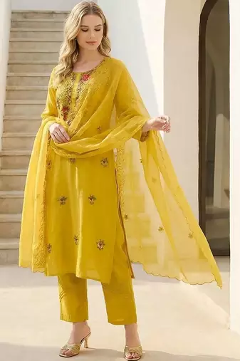 women ethnic motifs embroidered regular thread work kurta with trousers & with dupatta