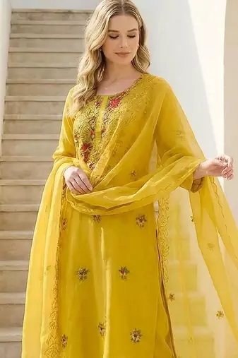 women ethnic motifs embroidered regular thread work kurta with trousers & with dupatta