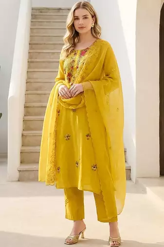 women ethnic motifs embroidered regular thread work kurta with trousers & with dupatta