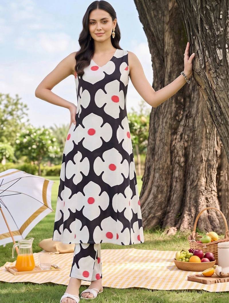 women floral printed regular cotton kurta with trousers