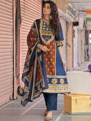 ethnic motifs printed cotton straight kurta with trousers & dupatta 6