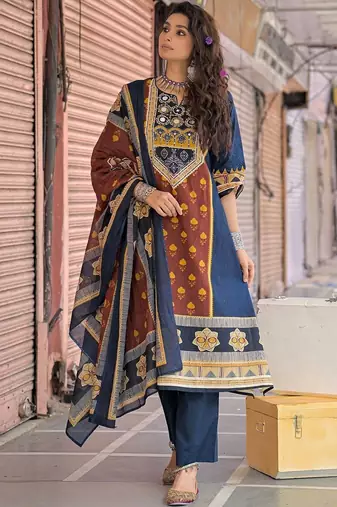 ethnic motifs printed cotton straight kurta with trousers & dupatta