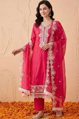 women ethnic motifs embroidered regular thread work kurta with trousers & with dupatta