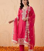 women ethnic motifs embroidered regular thread work kurta with trousers & with dupatta