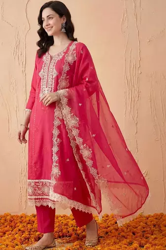 women ethnic motifs embroidered regular thread work kurta with trousers & with dupatta