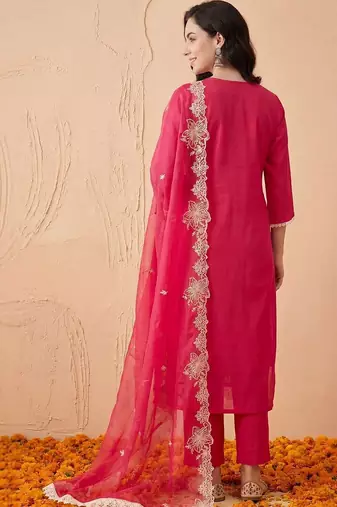 women ethnic motifs embroidered regular thread work kurta with trousers & with dupatta