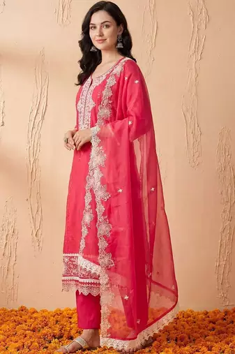 women ethnic motifs embroidered regular thread work kurta with trousers & with dupatta