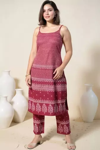 women ethnic motifs printed regular cotton kurta with trousers