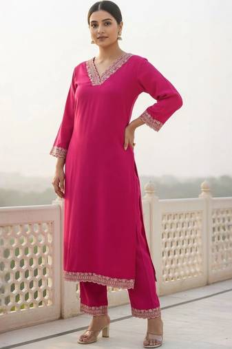 women ethnic motifs embroidered regular thread work kurta with trousers
