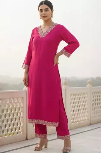 women ethnic motifs embroidered regular thread work kurta with trousers