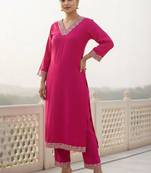 women ethnic motifs embroidered regular thread work kurta with trousers