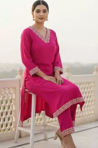 women ethnic motifs embroidered regular thread work kurta with trousers