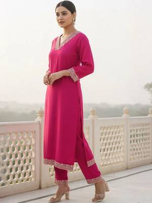 women ethnic motifs embroidered regular thread work kurta with trousers 6