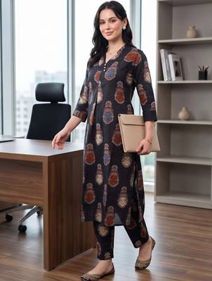 women ethnic motifs printed regular cotton kurta with trousers 1