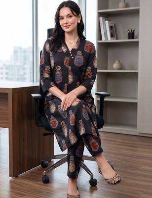 women ethnic motifs printed regular cotton kurta with trousers 5