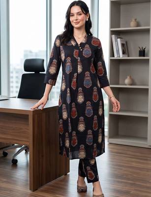 women ethnic motifs printed regular cotton kurta with trousers 6