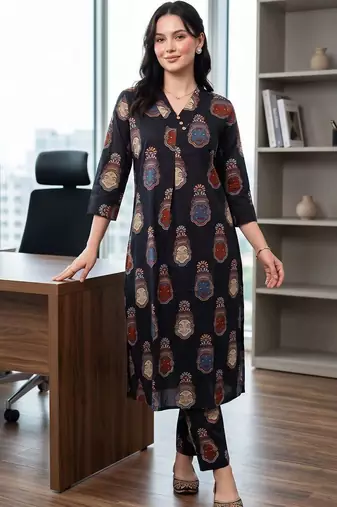 women ethnic motifs printed regular cotton kurta with trousers