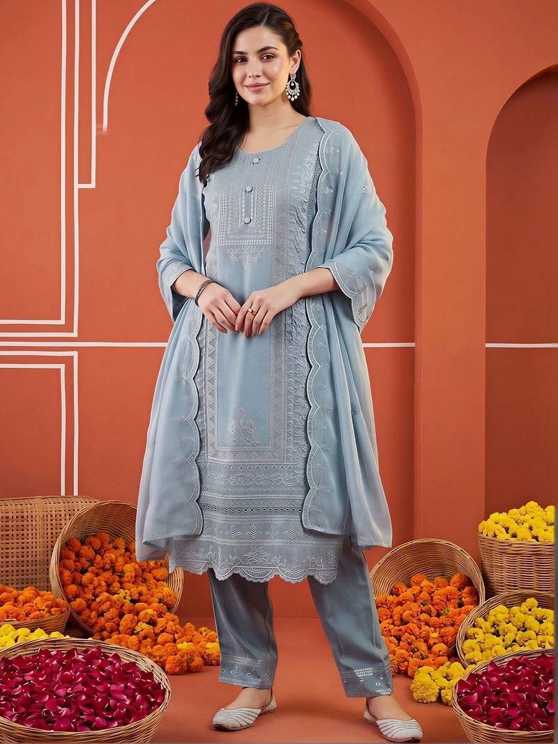 women ethnic motifs embroidered regular thread work kurta with trousers & with dupatta