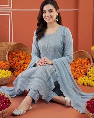 women ethnic motifs embroidered regular thread work kurta with trousers & with dupatta 5