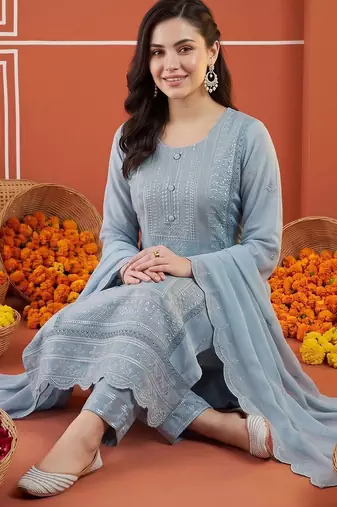 women ethnic motifs embroidered regular thread work kurta with trousers & with dupatta