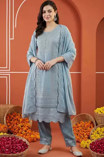 women ethnic motifs embroidered regular thread work kurta with trousers & with dupatta