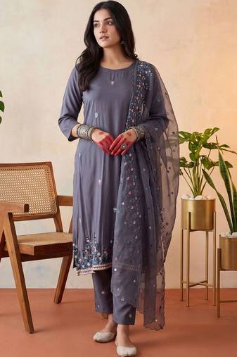 women ethnic motifs embroidered regular sequinned kurta with trousers & with dupatta